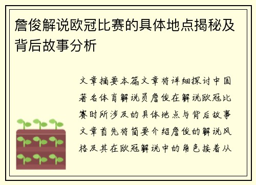 詹俊解说欧冠比赛的具体地点揭秘及背后故事分析