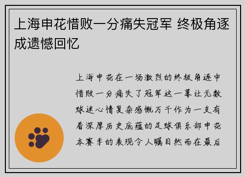 上海申花惜败一分痛失冠军 终极角逐成遗憾回忆